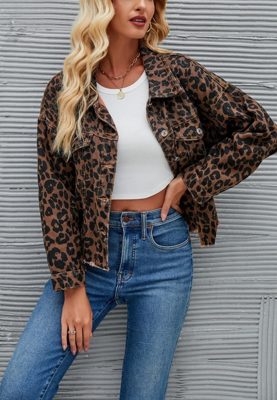 Dusty Rose Leopard Print Denim Jacket with Pockets | Lime Lush